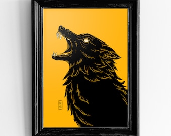 Black wolf growling art print | Canine art | Yellow background |Gothic decor | Wild dog illustration