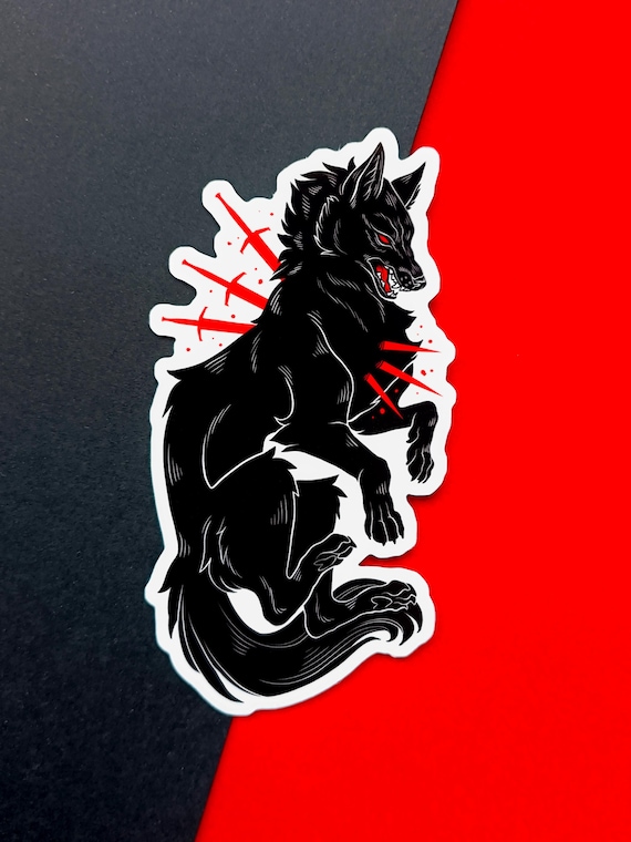 Black wolf sticker with red swords | Goth sticker for water bottles, laptops, journals, and more