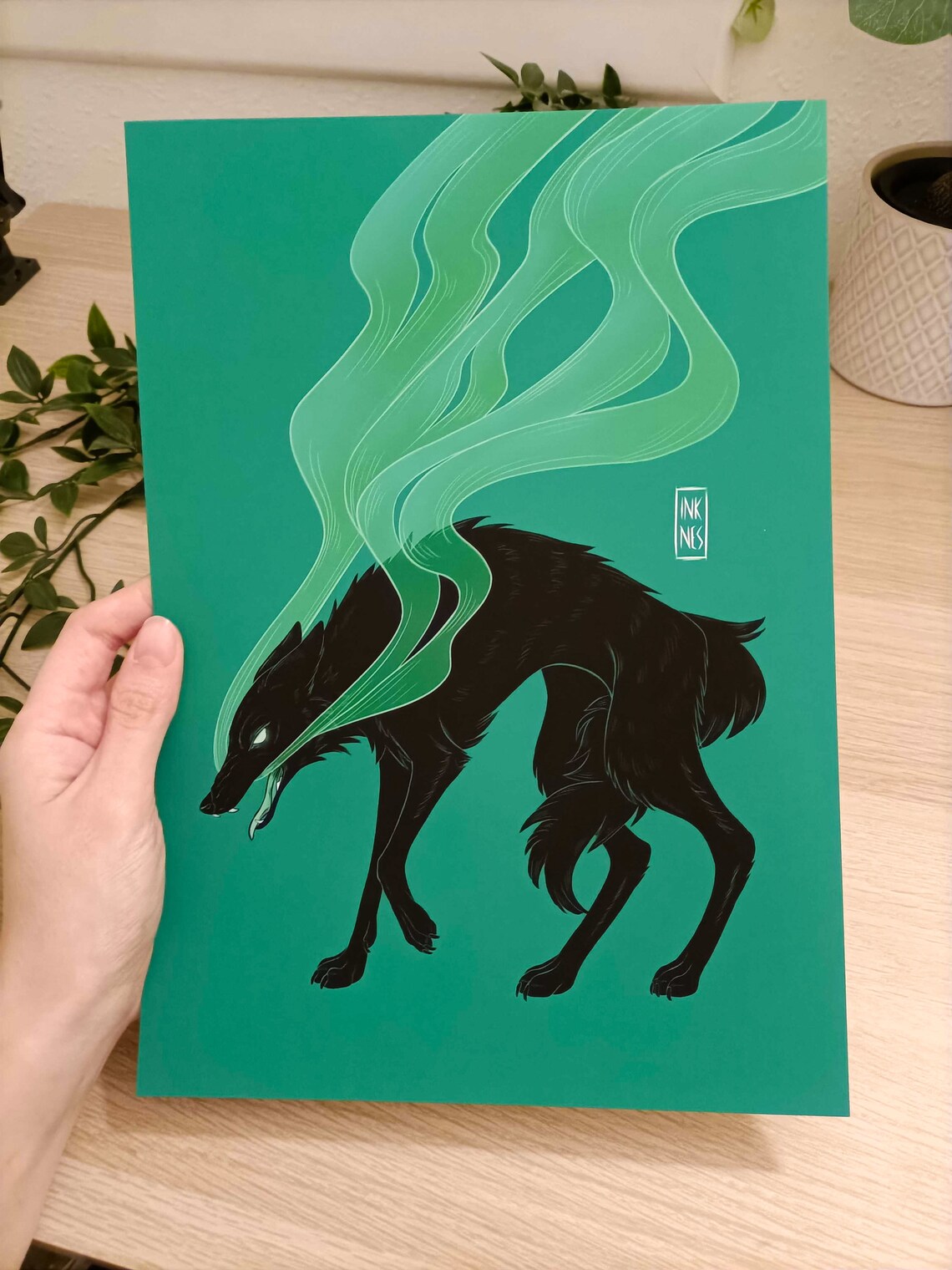 Black Wolf Art Print Green Background Gothic Home Decor Etsy