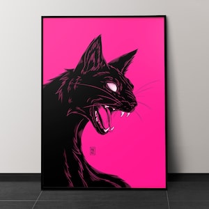 May include: A black cat with a fierce expression is silhouetted against a bright pink background. The cat's eyes are white and its mouth is open in a growl.