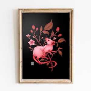 Rat art print with flowers | Dark academia wall art for goth home decor