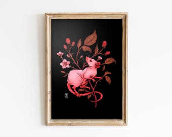 May include: A pink rat perched on a branch of a red berry bush with pink flowers against a black background.