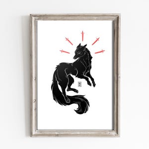 Stampa artistica di volpe con pugnali / Arte murale gotica per l'arredamento della casa