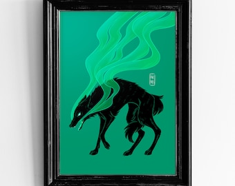 Black wolf art print | Green background | Gothic home decor | Wild Animal art print | Wolf wall art | Vivid wall decor | Wolf illustration