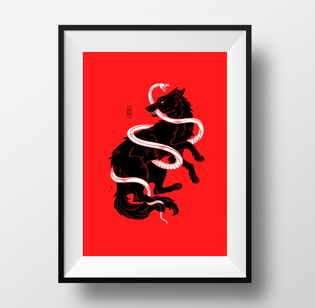 Black Wolf & White Snake Wolf Wall Art Gothic Home Decor Dark Animal