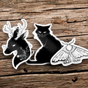 Set di adesivi animali / Adesivi animali selvatici in bianco e nero / Gatto nero / Falena / Cervo / Adesivo in vinile lucido / Adesivo stregonesco