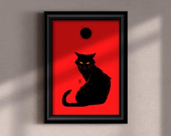 Póster de gato / Gato negro Arte de pared espeluznante para decoración gótica / Impresión artística de gato