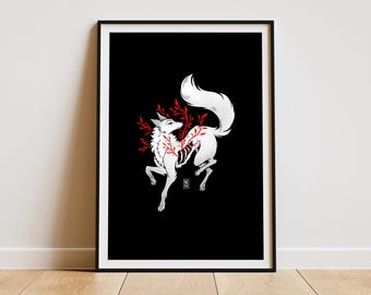 May include: A white fox with red branches growing from its body, set against a black background.