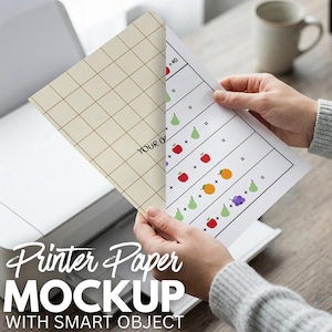 May include: A mockup of printer paper with a grid pattern and a math worksheet. The math worksheet features colorful illustrations of fruits. The words "Printer Paper Mockup With Smart Object" are displayed in a stylized font.