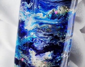 Blue Ocean Geode Personalized Tumbler with Lid and Straw  | Skinny Tumblers | Customized Alcohol Inks, Epoxy & Holographic Glitter