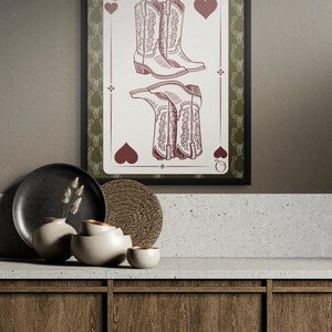 Queen of Hearts Western Boots Art Print – Digital Download | Rustic Country Playing Card Wall Art | Cowgirl Room Decor | Printable Card Art