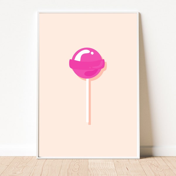 Impression d'art rose sucette | affiche de bonbons | Impression d'art Lolly rose doux | affiche de cuisine rose originale | Sans cadre A3, A4, A5, 8 x 10, 5 x 7