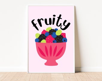 Fruity Art Print | Cute Fruit Bowl Illustration | Pink Kitchen Poster | Unframed A3 A4 A5 8x10 5x7