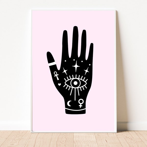 Palmistry Art Print | Pink Hamsa Hand Fortune Teller Art | Gyspy Wall Art | Unframed A3 A4 A5 8x10 5x7