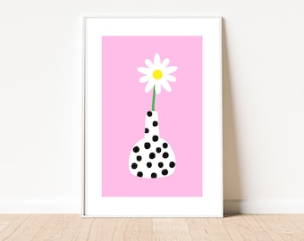 Polka Dot Ikebana Vase Art Print | Pink Daisy Print | Quirky Floral Wall Art | Unframed A3 A4 A5 8x10 5x7