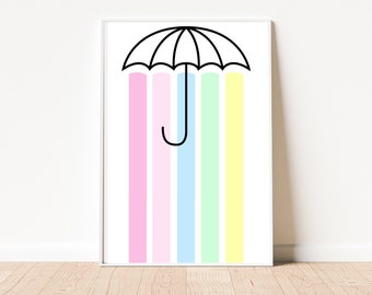 Impression d'art parapluie arc-en-ciel | Poster pastel pour chambre d'enfants | Sans cadre A3 A4 A5 8 x 10 5 x 7