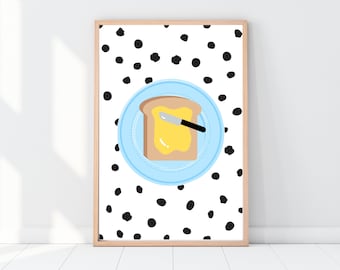 Buttered Toast Print | Polka Dot Kitchen Decor | Cute Breakfast Art Print | Unframed 5x7 8x10 A5 A4 A3