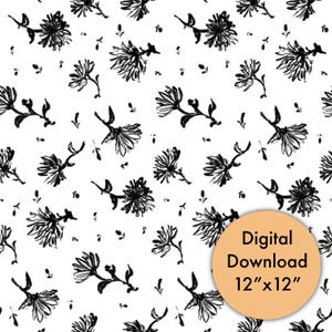 Hand-Drawn Black and White Floral Seamless Pattern - 12x12” Digital Paper for Scrapbooking, Fabric, Sublimation, and Crafts