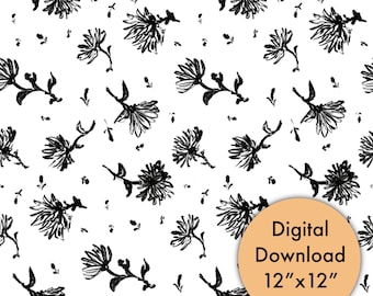 Hand-drawn Floral Seamless Pattern: Black and White Line Art (digital ...