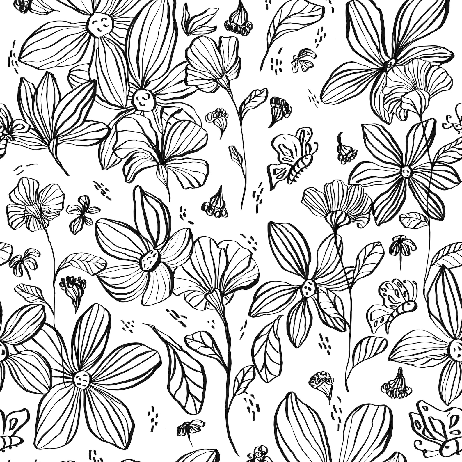 Hand-drawn Floral Seamless Pattern: Black and White Line Art (digital ...