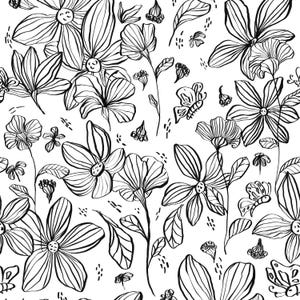 Handgezeichnetes nahtloses Blumenmuster: Schwarz-weiße Linien Kunst (Digitaler Download)