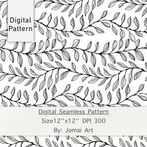 Botanical Leaf Pattern: Black and White Hand Drawn Design (Digital Download, 12x12in PNG/JPG