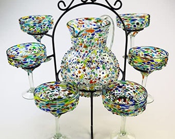 Mexican Margarita Glasses Pebble Confetti Pitcher set with display rack (set of 6 with pitcher, 15 oz.)