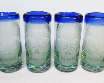 Mexican Glass Blue Rim Etched Skull Shot Glasses