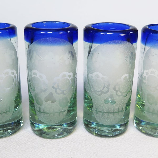 Mexican Glass Blue Rim Etched Skull Shot Glasses