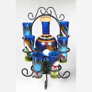 Mexican Tequila Shot Glass set with Tequila Making Scene, Hand Painted Bottle Set With Hand Made Metal Display Stand, Set of 6 shots
