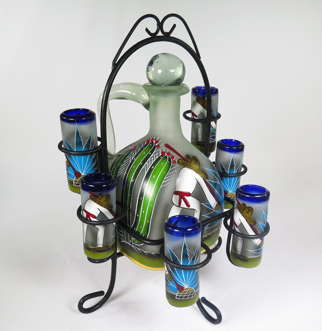 Mexican Painted Tequila Glass Set With Display Rack set of 6 Etsy