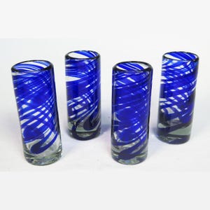 Mexican Tequila Shot Glasses, Blue Swirl, made with recycled glass, holds 2 oz of your favorite cocktail (Set of 4) from Tlaquepaque, Mexico
