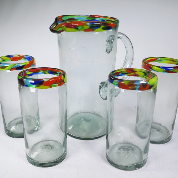 Mexican Glasses Confetti Rim Pitcher and Tumblers, 20 oz (Set of 5)