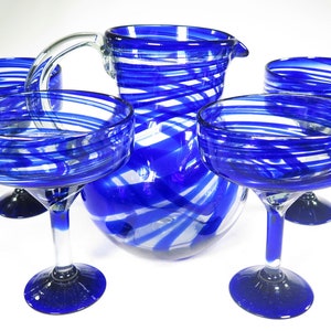 Mexican Margarita Glasses and matching Pitcher, Blue Swirl design (Set of 5)