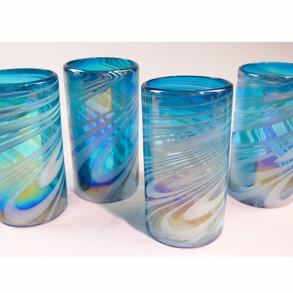 Mexican Glass Hand Blown, Turquoise & White Iridescent Swirl, 18 oz Set of 4