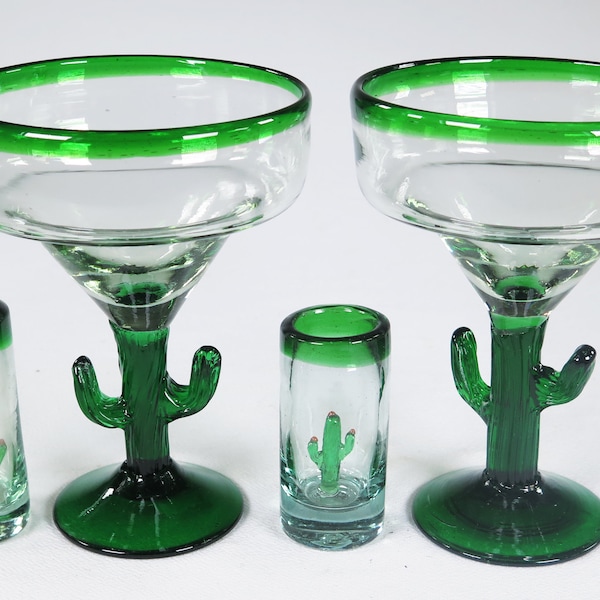 Arizona Margarita Glasses Saguaro Cactus design with matching Tequila shot glasses, made in Mexico, (Set of 4) 2 Margarita + 2 shot glasses.