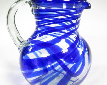 Mexican Glass Ice Tea or Margarita Pitcher, Blue Swirl design, made with recycled glass by Jose in Tlaquepaque, Mexico. Holds about 4+ qts.