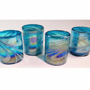 Mexican Blown Glass, Turquoise & White Iridescent Swirl, Set of 4