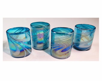 Mexican Blown Glass, Turquoise & White Iridescent Swirl, Set of 4