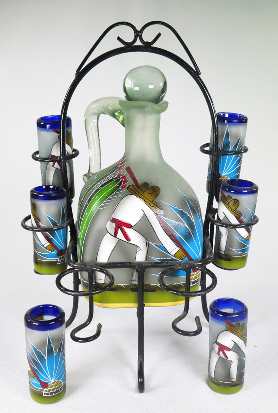 Mexican Tequila Shot Glasses & Tequila Bottle Set, Handpainted With a