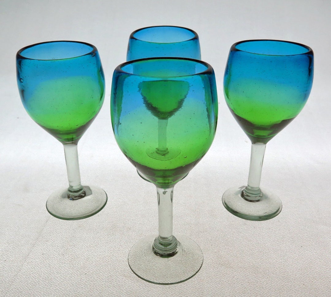 Mexican Wine Glasses, Hand Blown, Turquoise and Green Fade, 10 Oz set