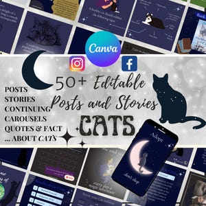Cats | Quotes and Facts | 50+ Instagram posts and stories | Social media templates editable on Canva