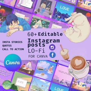 Chill Lofi Girl Instagram Kit: 60+ Posts, Stories, Quotes, & Highlights Covers for Vaporwave Japanese Anime Vibes | Fully editable on Canva