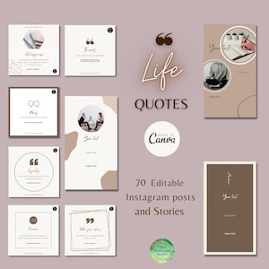 Może przedstawiać: 70 edytowalnych postów i historii na Instagramie z cytatami o życiu. Szablony charakteryzują się minimalistycznym designem w kolorze brązowym i białym. Tekst "Cytaty o życiu" jest wyświetlany dużą czcionką w cudzysłowie. Tekst "Zrobione w Canva" jest wyświetlany w kółku z brązowym tłem. Tekst "Claire Home and Books" jest wyświetlany w kółku z brązowym tłem.