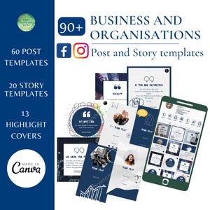 Puede incluir: Una colección de más de 90 plantillas de publicaciones e historias para redes sociales, diseñadas para empresas y organizaciones. Las plantillas presentan una combinación de colores azul y blanco con citas, cuadros de texto y gráficos. Están diseñadas para ser utilizadas en plataformas como Facebook e Instagram.