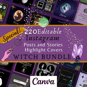 Może przedstawiać: Fioletowe tło z złotym banerem, na którym widnieje napis "Special! 220 edytowalnych postów i historii na Instagramie Pokrycia wyróżnień ZESTAW CZAROWNIC". Baner jest ozdobiony różową dłonią trzymającą magiczną różdżkę i złotymi gwiazdami. Obraz zawiera również różne grafiki o tematyce czarownic, w tym kryształy, księżyce i karty tarota.