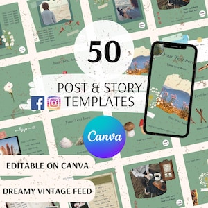 Social Media Templates for Travellers, Dreamers, Academia influencers. 50 Aesthetic Instagram post and story templates editable on Canva.