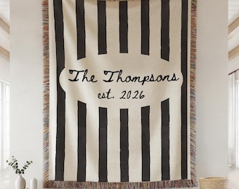 Personalized Family Name Woven Blanket, Custom Throw With Last Name and Est Year, Wedding Gift For Couple, Cotton Anniversary Gift