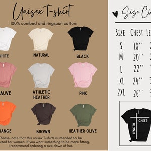 Op de afbeelding: Unisex t-shirt maattabel met 10 verschillende kleuropties: wit, naturel, zwart, mauve, athletic heather, roze, oranje, bruin, heather olive. De tabel toont borst- en lengtemaat in inches voor maten S, M, L, XL en 2XL.