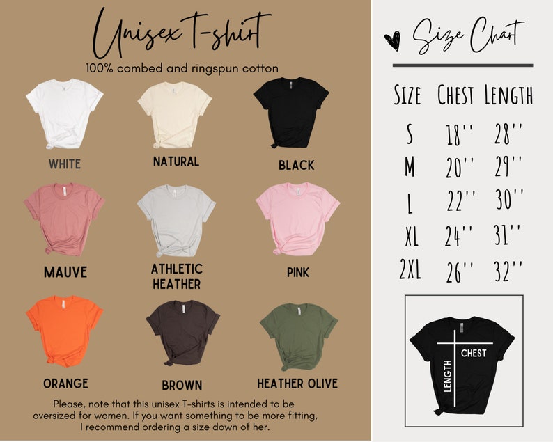 Op de afbeelding: Unisex t-shirt maattabel met 10 verschillende kleuropties: wit, naturel, zwart, mauve, athletic heather, roze, oranje, bruin, heather olive. De tabel toont borst- en lengtemaat in inches voor maten S, M, L, XL en 2XL.